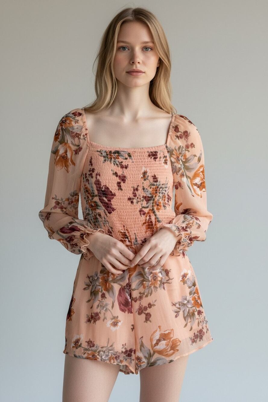 Abercrombie & Fitch Peach Green Floral Smocked Chiffon Long Sleeve Romper Size S